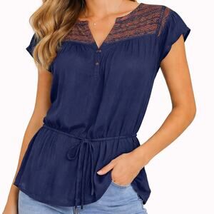 Lucky Brand Blue Embroidered Tie Waist Top XS Boho Western